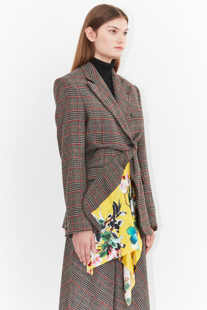 Blazer de cuadros amarillo marrón estampado de lana y seda