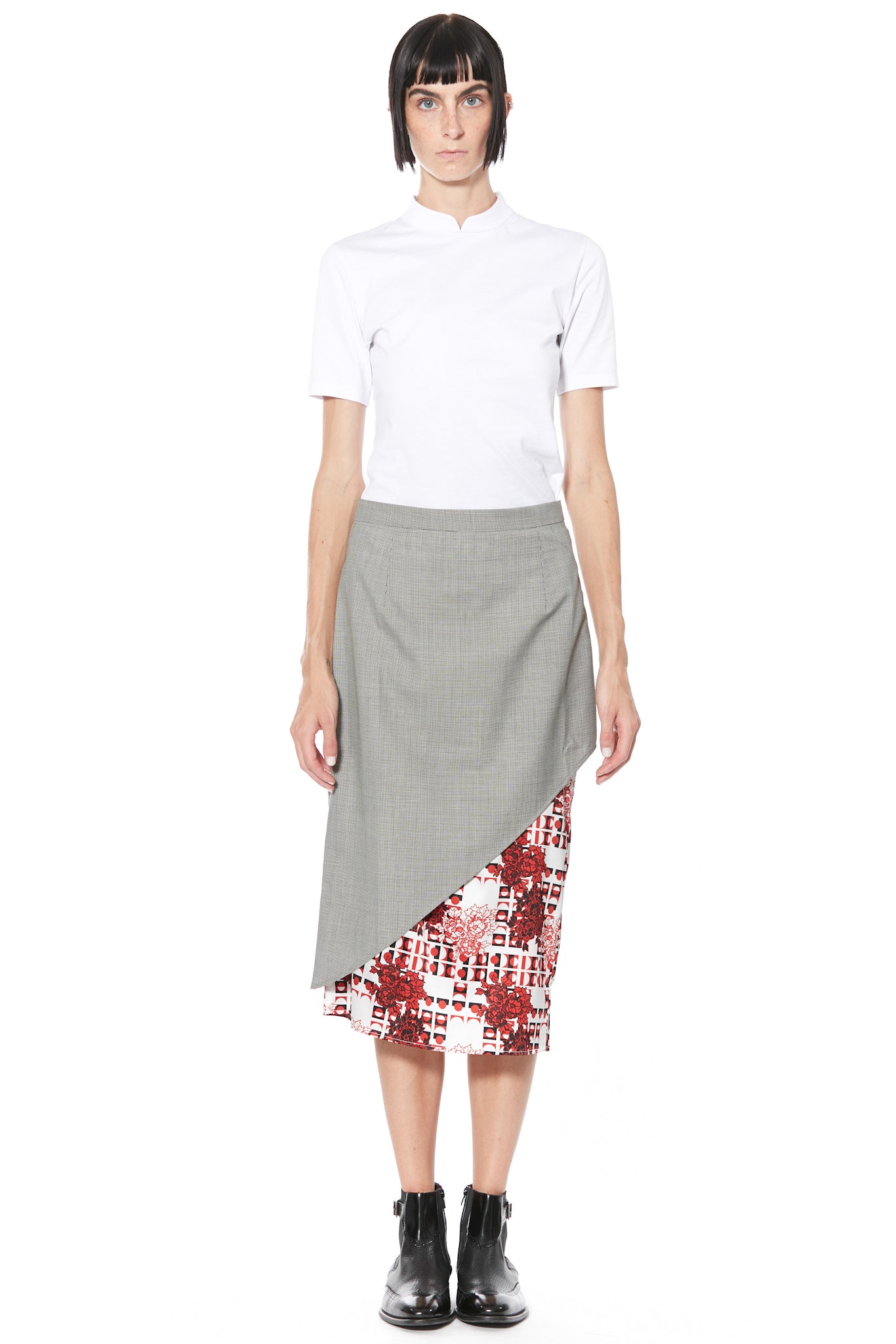 Wool and Print Silk Lining Midi Skirt