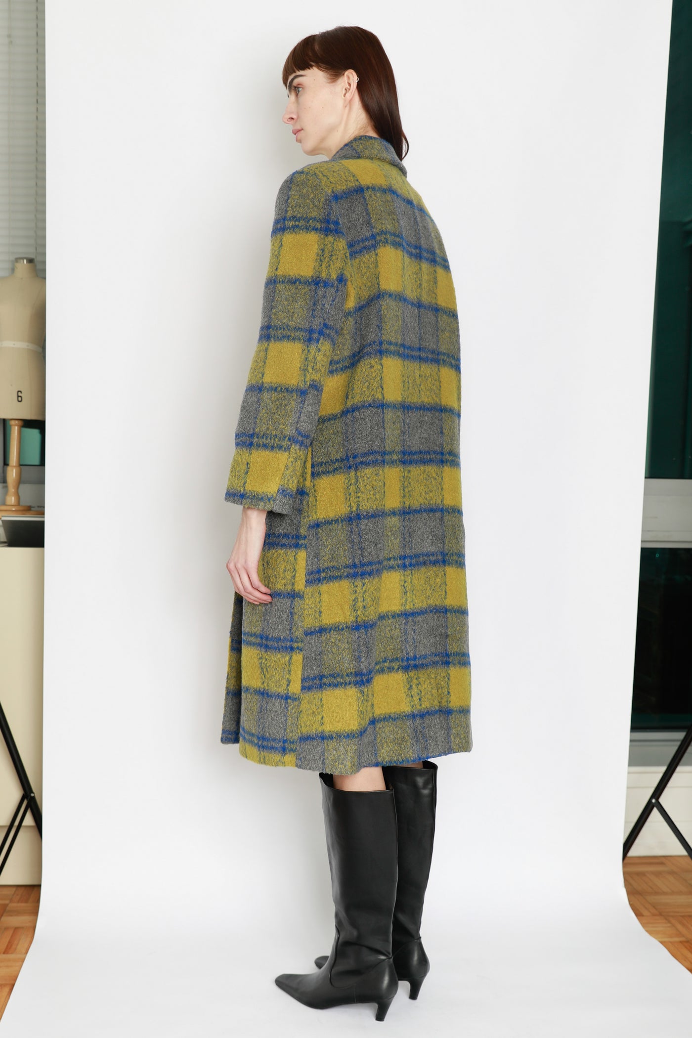 Heavy Wool Yellow Plaid Double Breasted Coat
