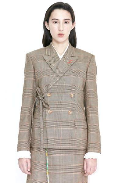Wool Brown Plaid Double Breasted Blazer