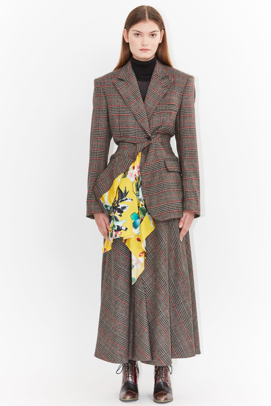 Wool and Silk Printed Brown Yellow Plaid Blazer