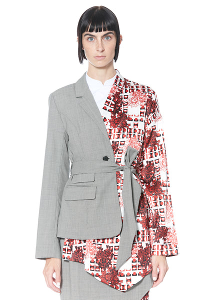 Blazer asimétrico estilo kimono rojo estampado de lana y seda