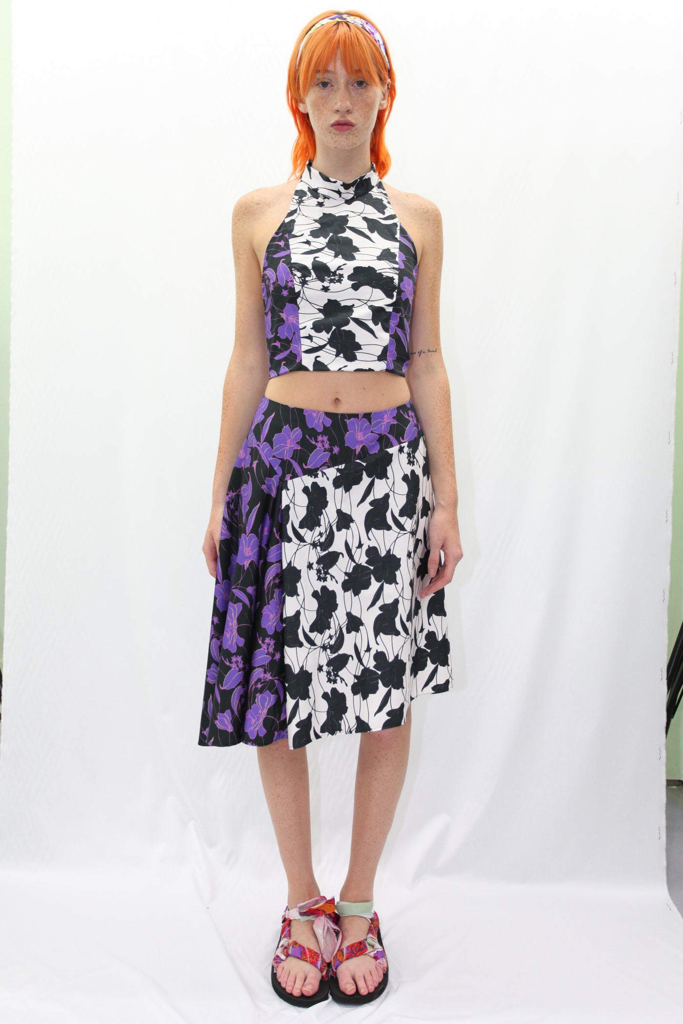 Floral Printed Purple Asymmetric Midi Skirt