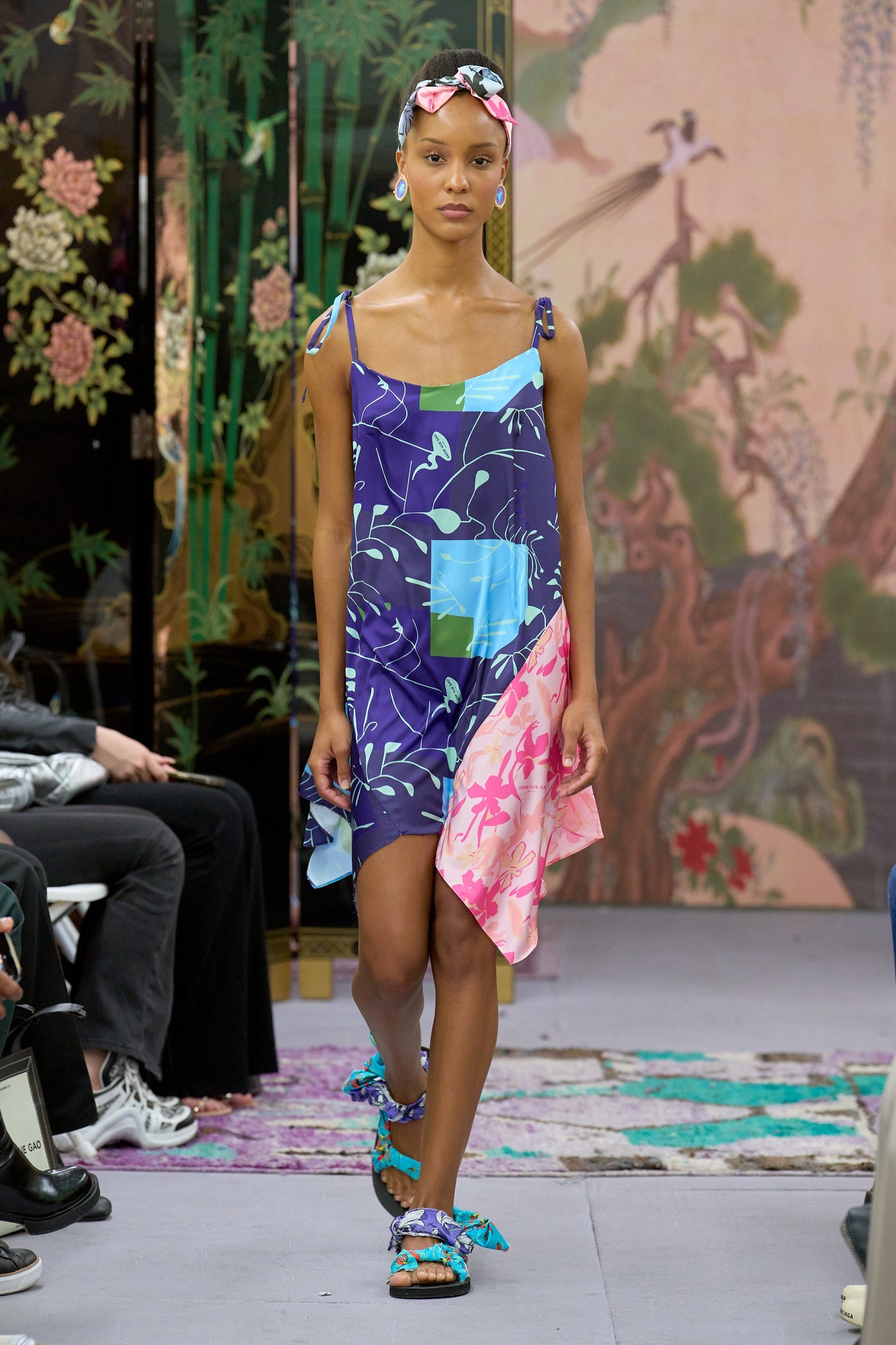 Silk Printed Blue Pink Abstract A-Line Dress