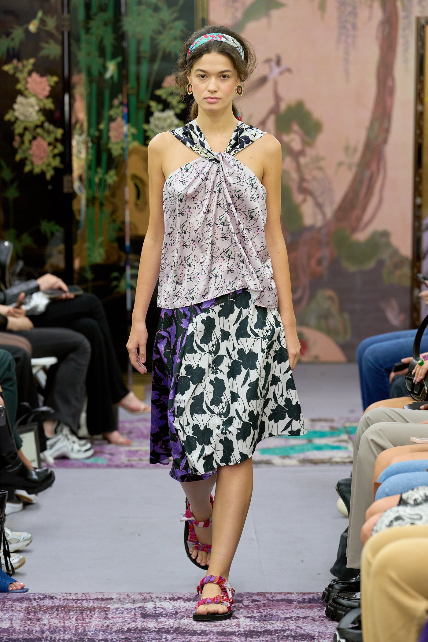 Floral Printed Purple Asymmetric Midi Skirt