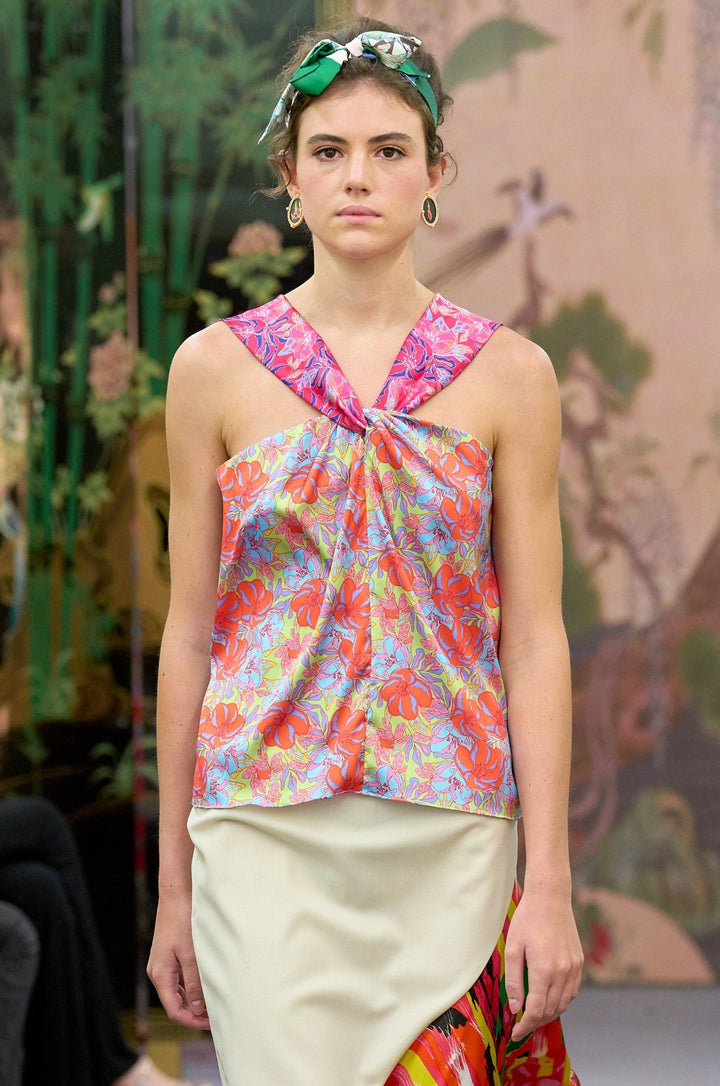 Silk Printed Pink Draped Top