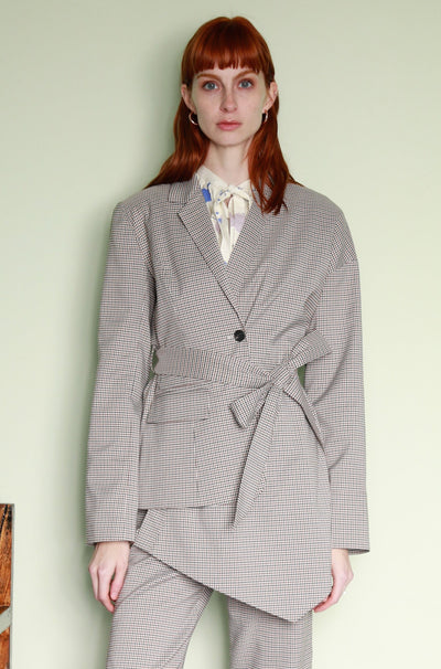 Wool Grey Asymmetric Self Tie Blazer