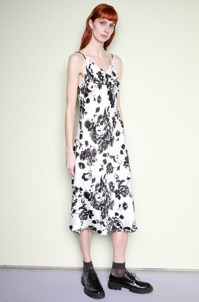 Silk Printed Black White Floral Slip Dress