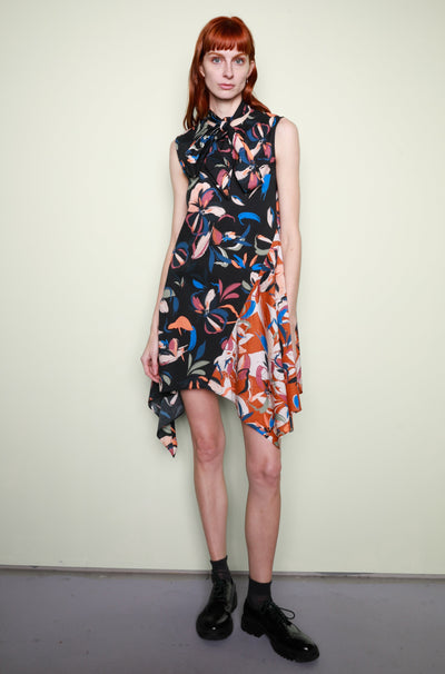Cotton Printed Black/Orange Floral A-Line Dress