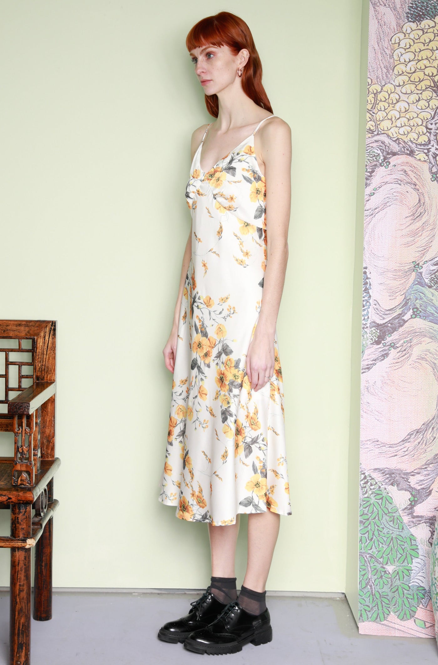 Silk Printed Yellow Floral Slip Dress