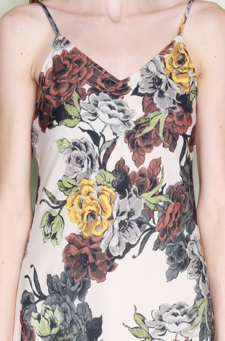 Silk Printed Beige Floral Slip Dress