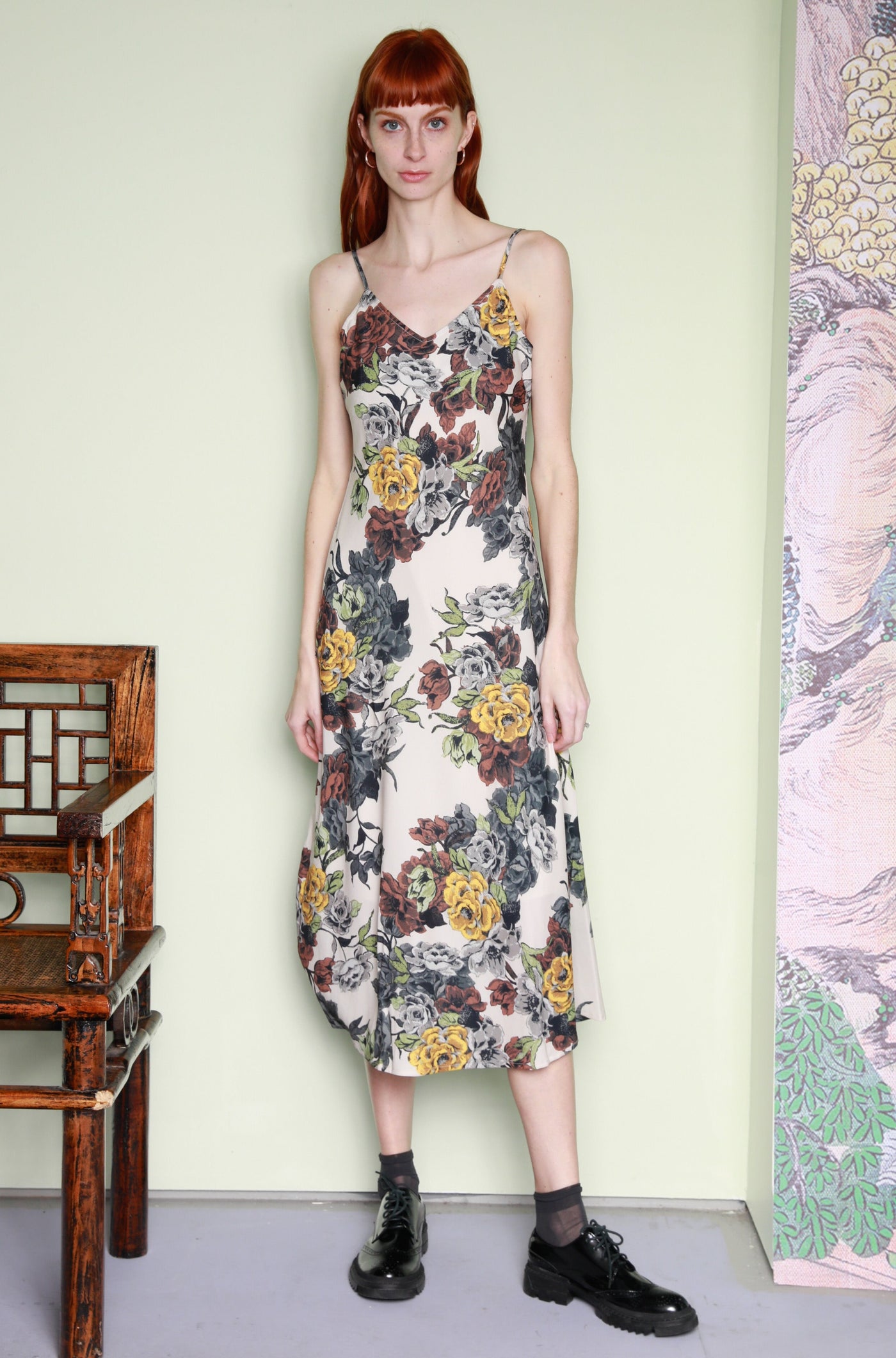 Silk Printed Beige Floral Slip Dress