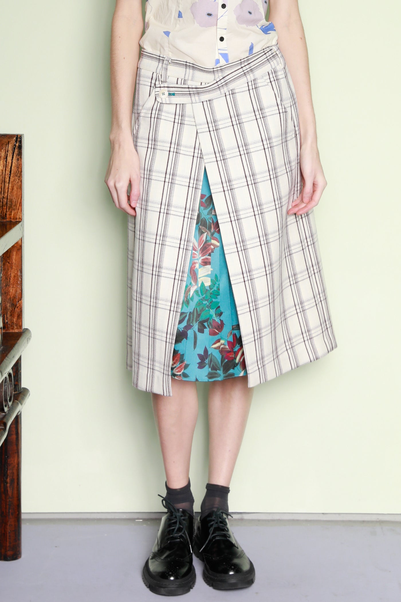 White Wool Plaid and Silk Wrap Asymmetric Midi Skirt