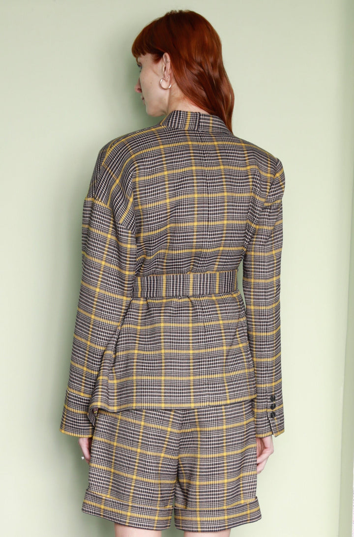 Wool Brown Plaid Self Tie Blazer