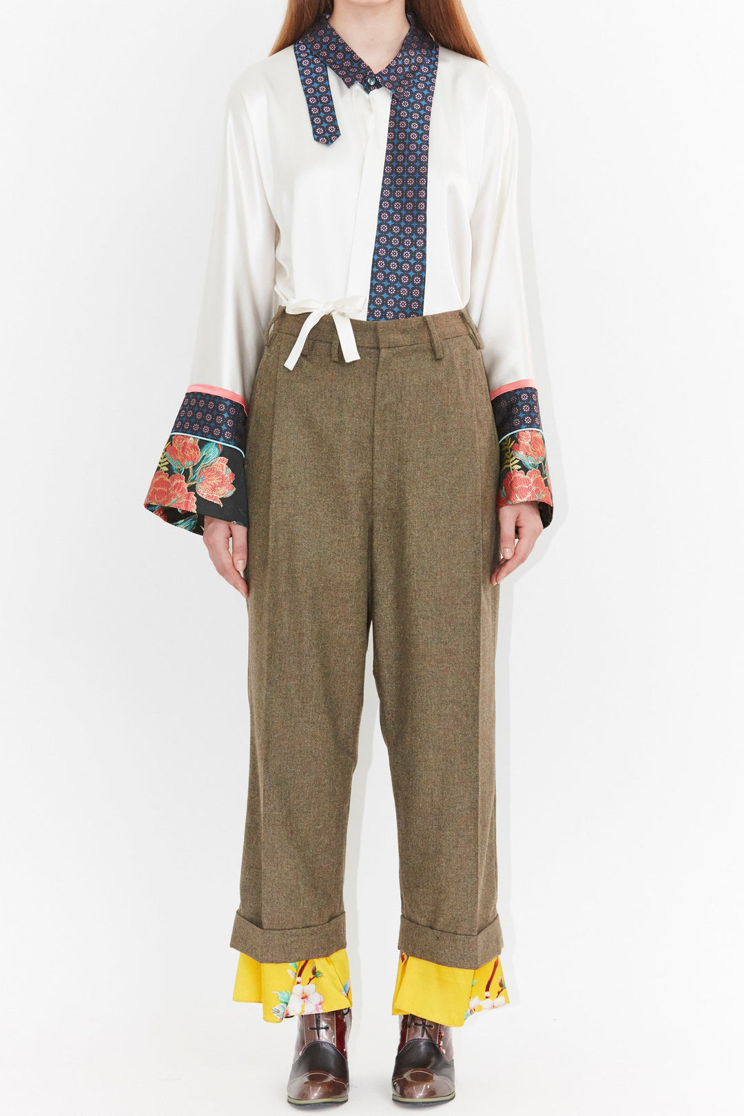 Wool and Print Silk Hem Pants