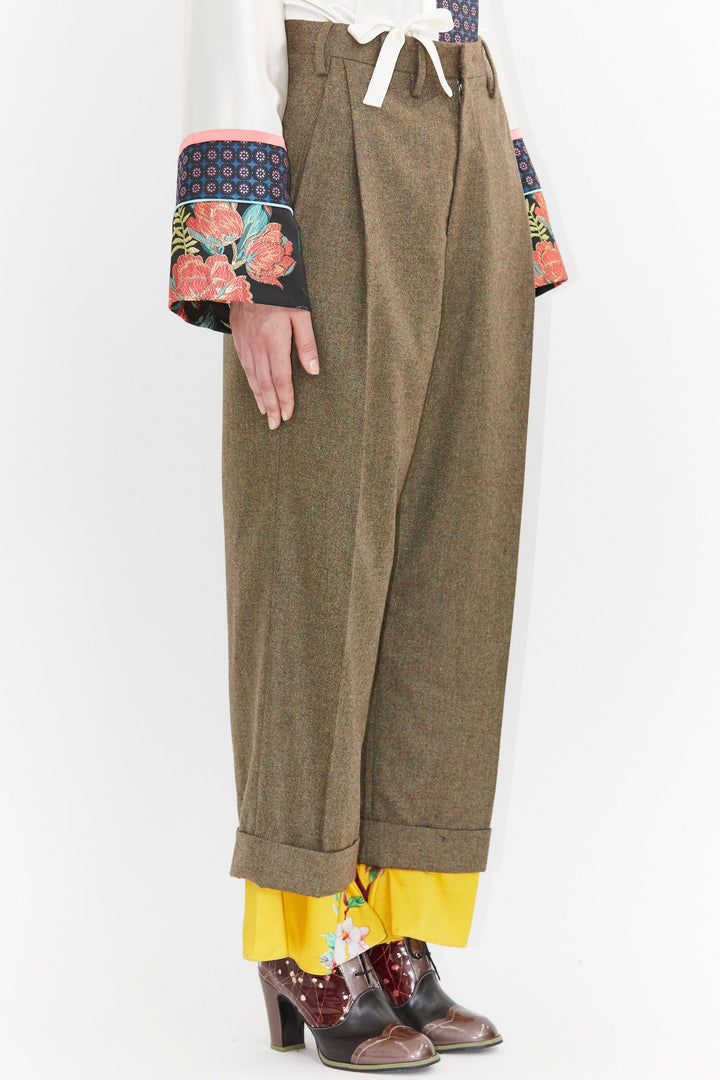 Wool and Print Silk Hem Pants