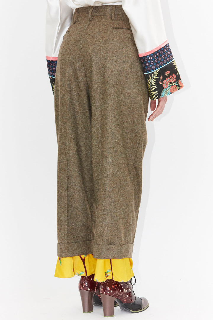 Wool and Print Silk Hem Pants