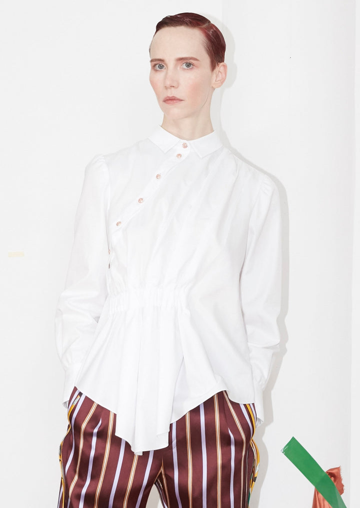 White Pleated Button-Down Shirt