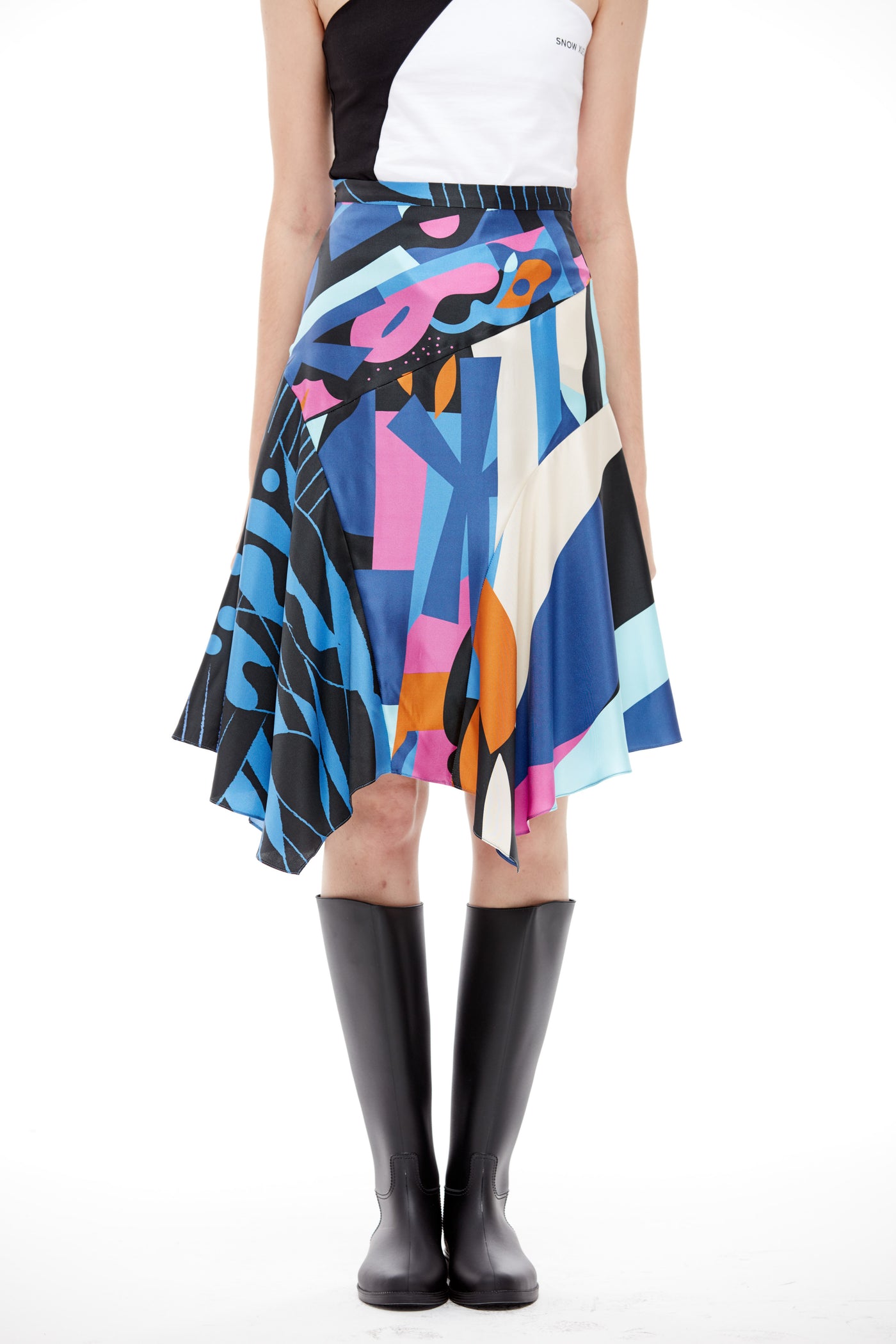 Silk Printed Blue Geometric Midi Skirt