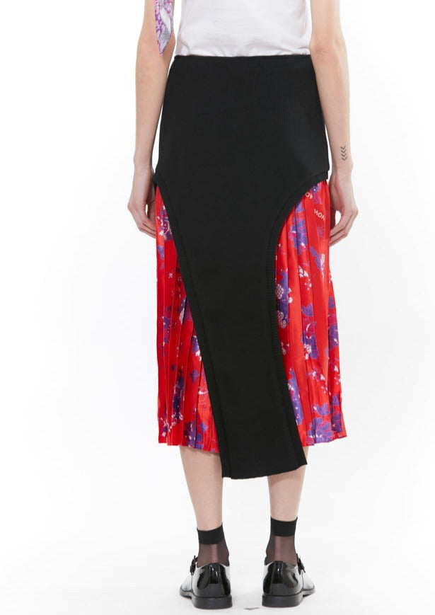 Silk Printed Black Knit Midi Skirt