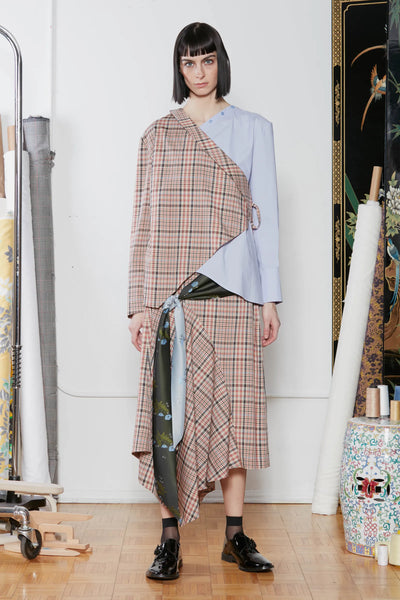 Wool Plaid Draped Long Skirt with Jacquard Tie