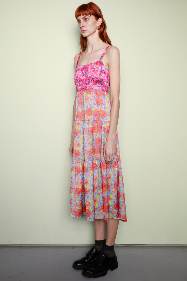 Silk Printed Pink Floral Long Dress